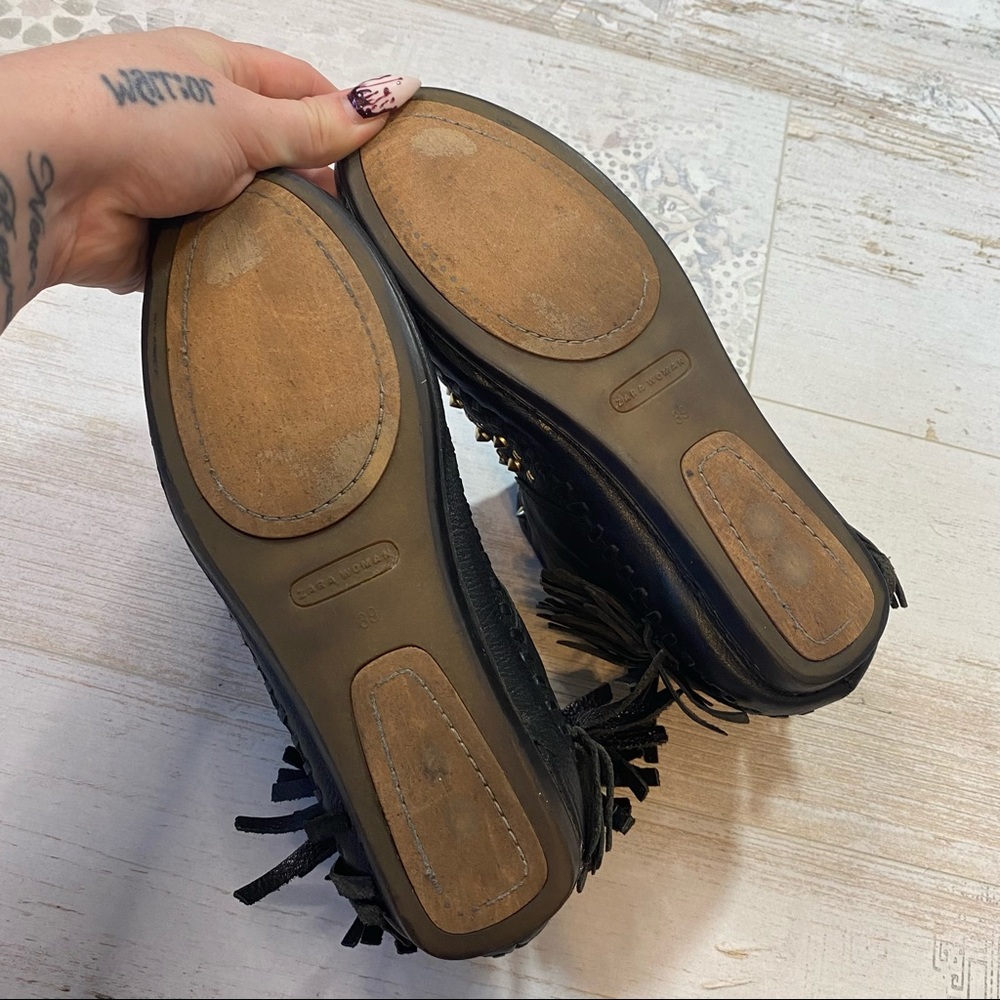 Zara Black Leather Studded Fringe Moccasins - Picture 8 of 10